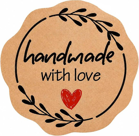 100 x Handmade with Love Stickers, Kraft Paper Bakery Stickers for Small Business Packaging, Rustic Handmade Gift Seals for Baked with Love Treat Bags, Wedding Favor Bags & Thank You Envelopes, 1.77''