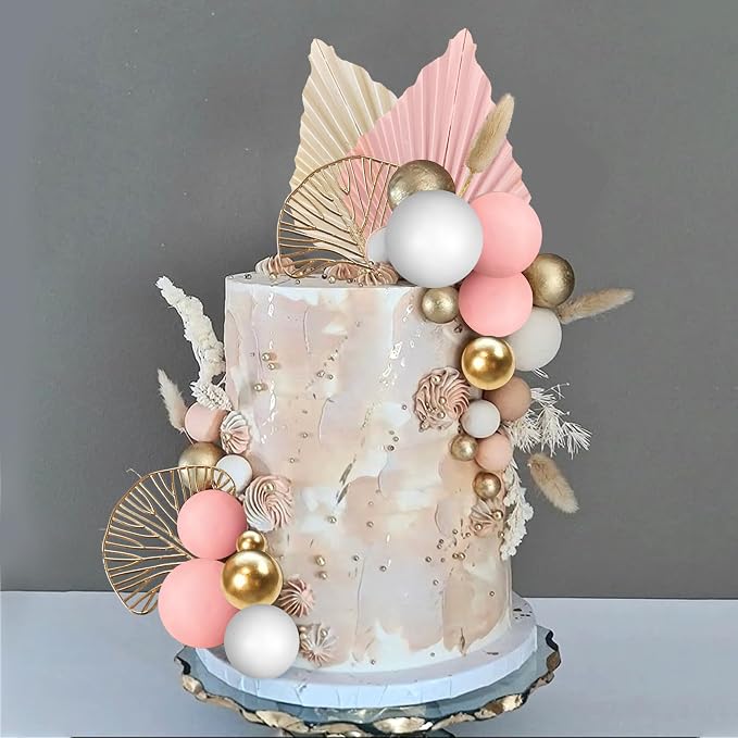 Boho Cake Topper Golden Ginkgo Leaves Cake Decorations with Paper fans White Gold Balls for Wedding Woman Birthday (Pink)