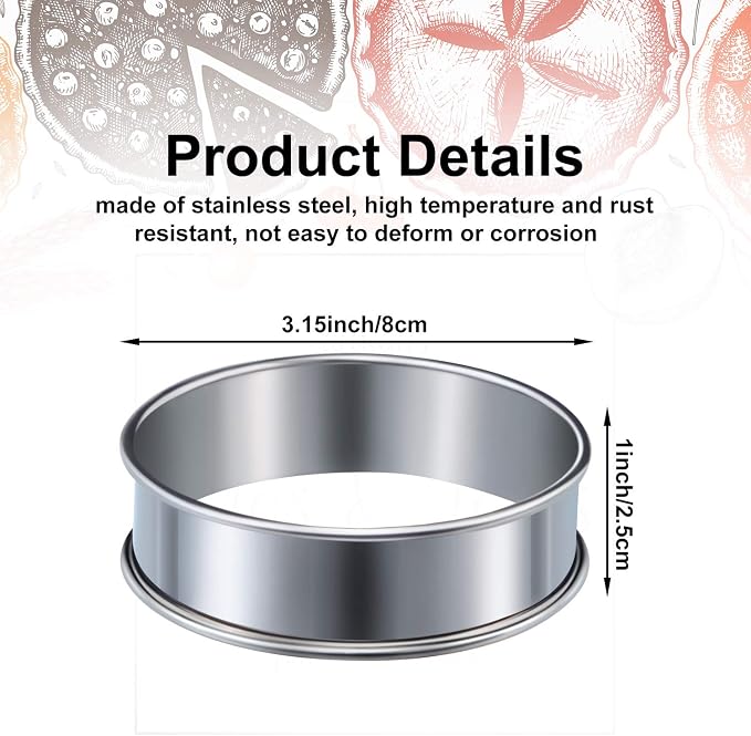 6 Pcs English Muffin Crumpet Rings 3.15 Inch Double Rolled Tart Ring Stainless Steel Nonstick Metal Round Mold for Home Food Making Tool