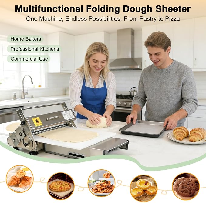Foldable Dough Sheeter, Dough Laminator, Manual Dough Roller Machine with Adjustable Thickness, Stainless Steel Body, Food-Grade PE Panel,for Croissant, Pizza,Pasta,Eggs Tart,Space-Saving Kitchen Tool