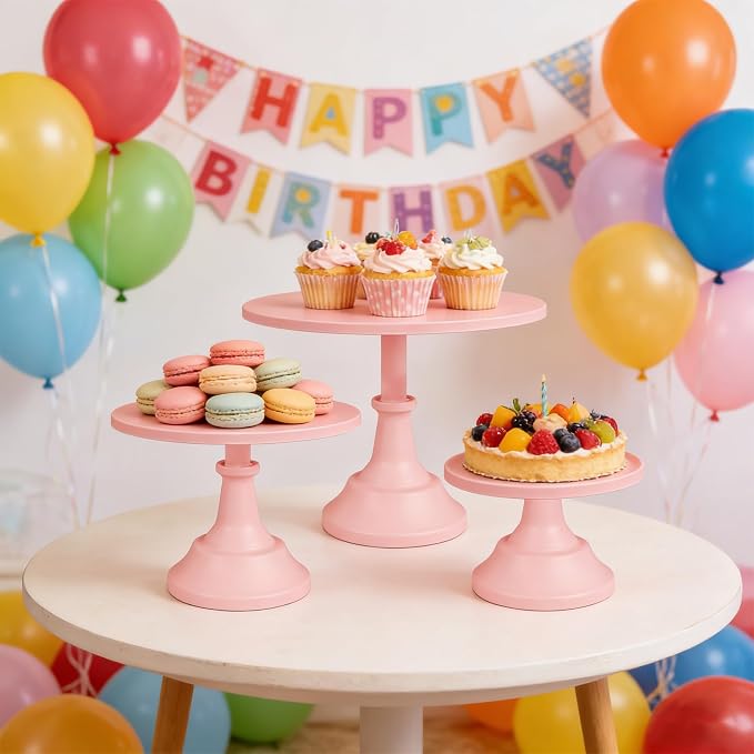 3 Pcs Cake Stand Set Metal Round Cake Holder Cupcake Stands 8/10/12 inch Pink Dessert Display Stands Dessert Table Decorations for Birthday Parties, Baby Shower,Wedding Banquets and Anniversary
