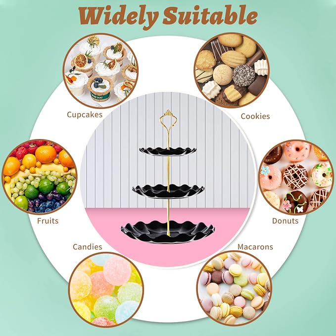 BACUTHY 3 Tier Cupcake Stand Holder, Plastic Cup Cake Tower Stand with Tiered Serving Tray for Dessert Display, Cupcakes, Donuts, Macaron and Fruits,Black