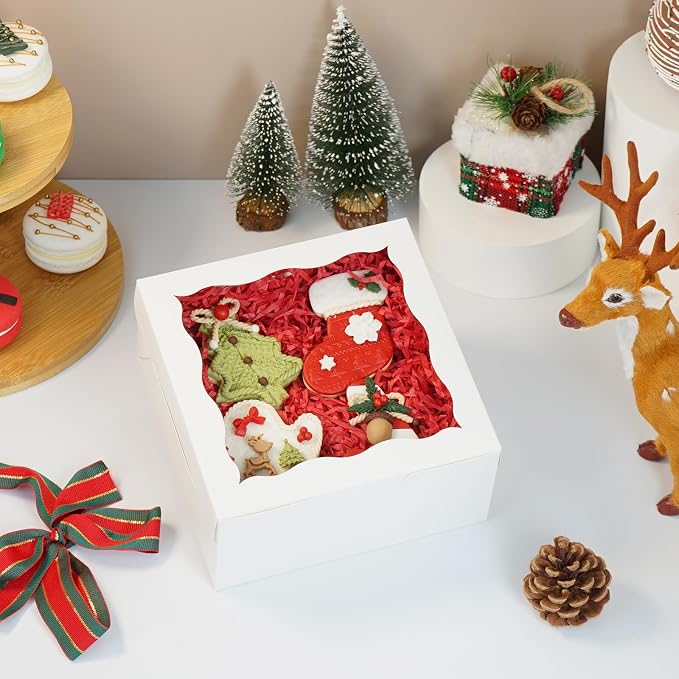 20pcs Cookie Boxes 6x6x2.5 Inch Bakery Boxes with window Chocolate Covered Strawberries Box Treat Box for Mini Cake Macaroon Dessert Pastry Muffins