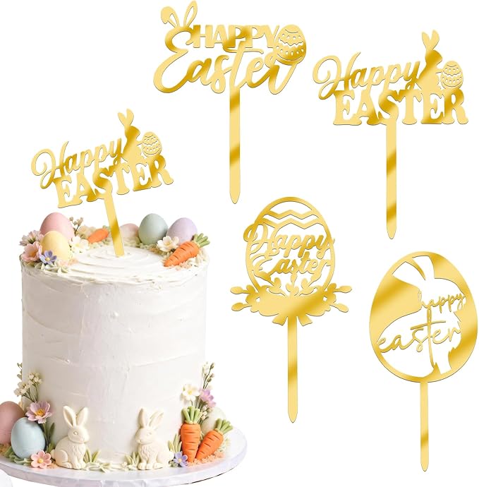 8Pcs Gold Happy Easter Cake Toppers Mirror Acrylic Bunny Egg Cake Picks Bunny Cupcake Decor for Spring Easter Party Cake Desserts Decor Supplies