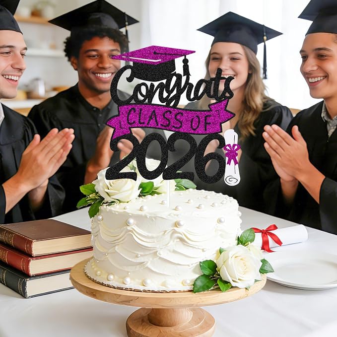 Congrats Class of 2026 Cake Topper Congrats Grad Cap Diploma Theme for High School Happy Graduation Party Supplies College Graduate Decoration (Purple)