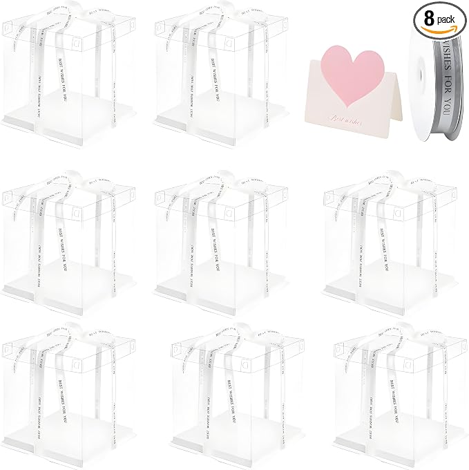 8 Pcs 10x10x12Inch Clear Cake Box with Ribbon, High Cake Box for Bakery Dessert Bread Pastry Transparent Gift Boxes for Birthdays, Weddings and Holiday Parties