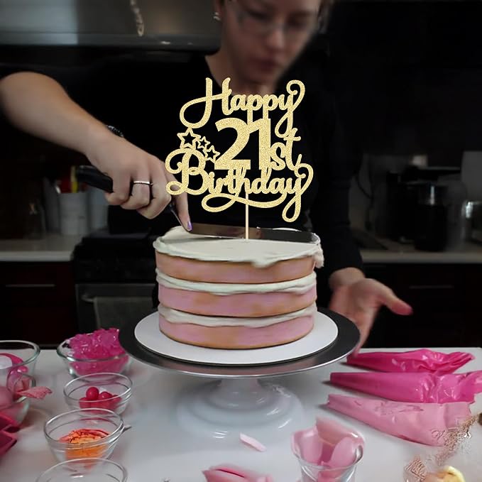 Ephlyn 1 Pack Gold Glitter 21st Birthday Cake Topper - Fabulous Cheers to 21 Years Old - Perfect for 21st Birthday Party & Anniversary Cake Decorations