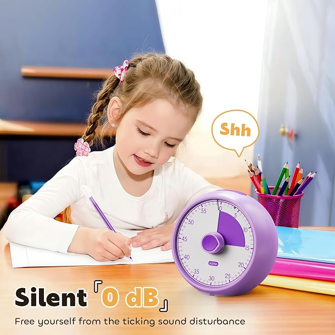 Visual Timer for Kids 60-Minute Countdown Timer with Optional Alarm, Focus Tool for ADHD & Autism, Time Management for Homework, Chores, Office, Kitchen, Teaching & Study Routines (Purple)