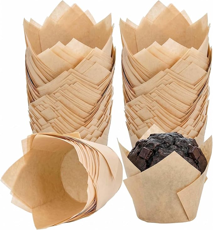 200 Pcs Natural Tulip Cupcake Liners for Baking, Standard Size | Standard Greaseproof Tulip Muffin Liners for Baking, 3oz Natural Paper Cupcake Wrappers for Party Wedding Birthday