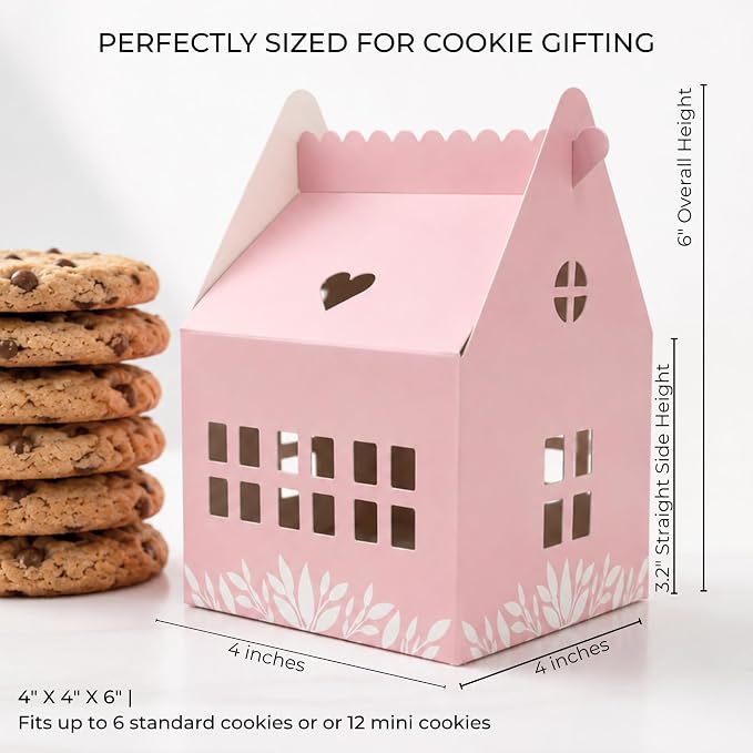 30 Pcs Cottage House Cookie Boxes with Window & Business Card Holder, Blush Pink, 4 x 4 x 6 in Bakery Gift Boxes for Treats, Desserts, Party Favors & Realtor Pop By Gifts