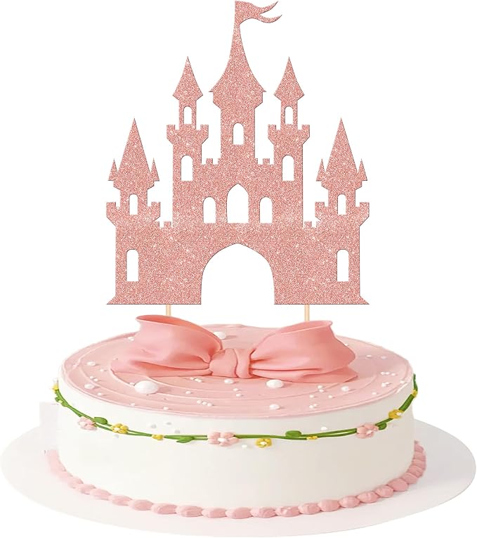 1 PCS Castle Cake Topper Glitter Queen Princess Castle Cake Pick Castle Theme Birthday Party Decoration for Princess Happy Birthday Girls Baby Shower Party Cake Decorations Supplies Rose Gold