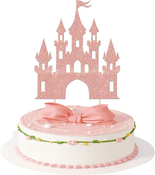 1 PCS Castle Cake Topper Glitter Queen Princess Castle Cake Pick Castle Theme Birthday Party Decoration for Princess Happy Birthday Girls Baby Shower Party Cake Decorations Supplies Rose Gold