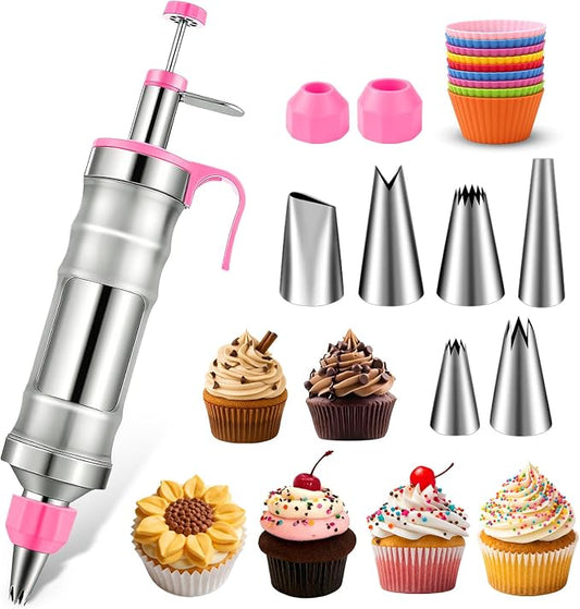 Hendiy Dessert Decorating Syringe Set, Stainless Steel Frosting Kit | 6 Piping Tips, 9 Silicone Cupcakes, Piping Bags Included, Cupcake Decorating Kit