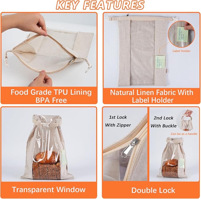 ORORIN Reusable Bread Bags for Homemade Bread,Linen Sourdough Bag Storage Container with Clear Window,Zipper Freezer Bags to Keep Fresh,Sourdough Accessories,2-Pack (Patented)