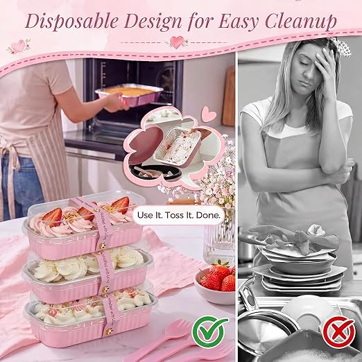 YQER 100 Pack Pink Mini Cake Pans with Lids and Spoons, 6.8oz Disposable Aluminum Foil Mini Loaf Pans Cake Tins with Stickers and Reusable Decorating Set for Small Cakes, Baby Shower, Gift and Parties