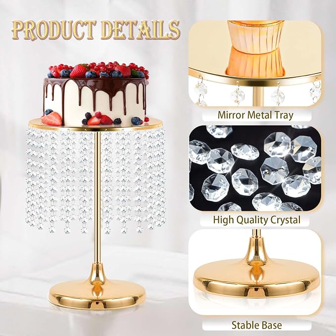 Metal Mirror Cake Stand Set with Crystal Pendants - Elegant Dessert Table Display for Weddings, Birthday Parties, Baby Showers, Events - Sturdy Crystal Bling Cupcake Stands for Pastries, Sweets, Decorations (Gold, Set of 6)