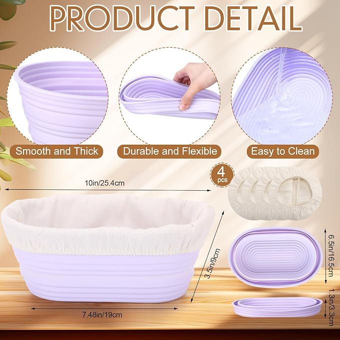Honeydak 4 Pcs Silicone Bread Proofing Baskets Oval Banneton Basket with Liner 10 Inch Collapsible Sourdough Bread Baking Supplies Non-stick Dough Proofing Bowls Containers Oven Safe for Breads Making