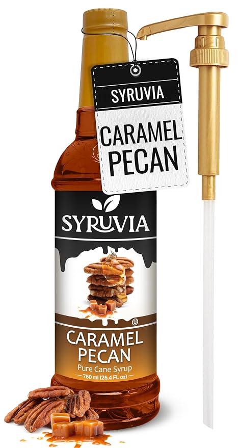 Syruvia Coffee Syrup, Caramel Pecan Flavored Syrup for Drinks, Lattes, and Desserts – 25.4 fl oz - with Pump