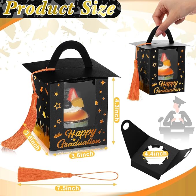 Outus 30 Pcs Graduation Cupcake Boxes Graduation Gift Box Congrats Grad Cupcake Container Candy Boxes with Window and Tassel for 2026 College High School Grad Party (Black and Orange)