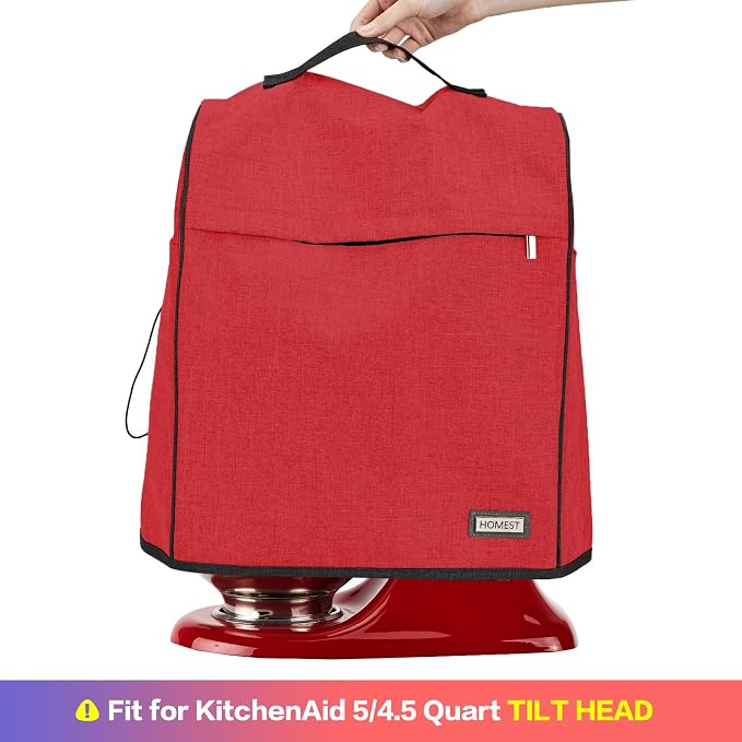 HOMEST Stand Quilted Mixer Cover with Zip Pocket for Kitchen Accessories | Fits KitchenAid 5/4.5 quart mixers, zipper pocket stores attachments and kitchen accessories, Red