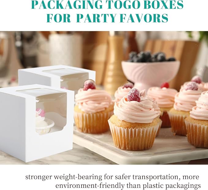 NPLUX 50 Pcs Cupcake Boxes Individual Cupcake Containers Pre-Assembled Single Cupcake Boxes 3.5"x3.5"x3.5" with 50 Pcs Inserts for Cupcakes Muffins Party Favors(White)