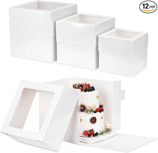 Moretoes 12 Pcs Cake Box, Tall Cake Boxes with Window in 3 Sizes 12x12x12 10x10x10 8x8x8 Inches, Bakery Boxes Disposable Carrier Take Out Container, 2 or 3 Tier for Valentine's Day Mother's Day