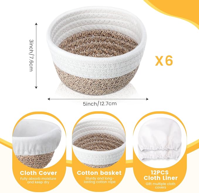 Honeydak 6 Pcs Cotton Rope Banneton Bread Proofing Basket Sets Round Sourdough Bowls with Two Liners for Artisan Sourdough Bread Making Handmade Kitchen Professionals (5",White, Brown)