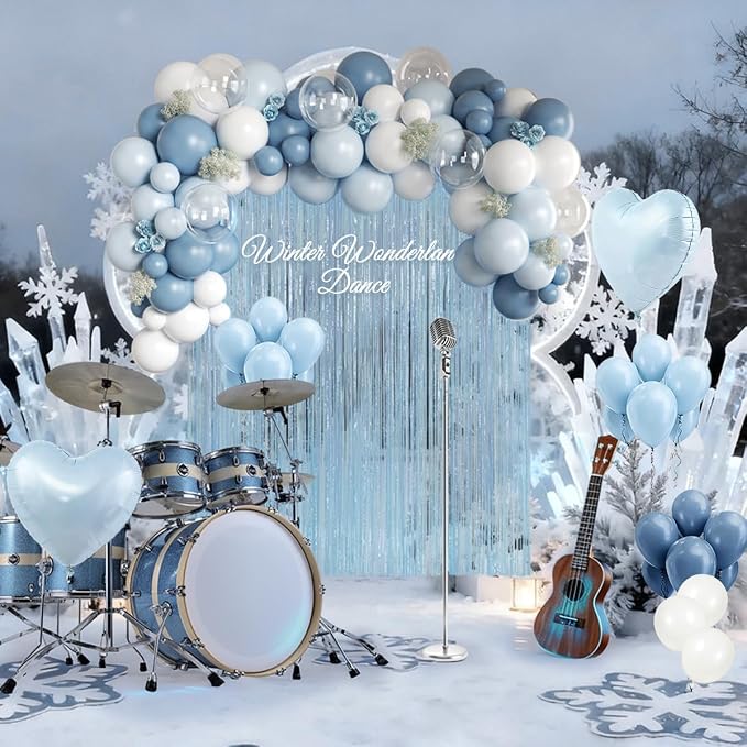 157PCS Pastel Blue and White Balloons Garland Arch Kit with Light Blue Fringe Curtain for Bridal Baby Shower Birthday Engagement Wedding Winter Wonderland Dance Party Decorations