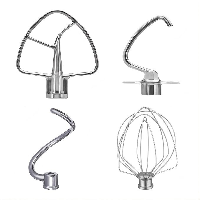 Stainless Steel 4 Piece Kit include 1pcs Dough Hook,1pcs K45B Flat Beater,1pcs K45WW Wire Whip, 1pcs K45DH Dough Hook, Fits all 4.5 and 5 quart tilt-head KitchenAid Stand Mixers.