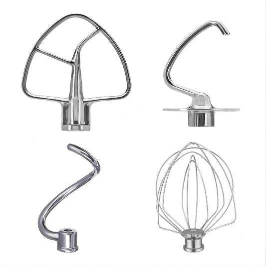 Stainless Steel 4 Piece Kit include 1pcs Dough Hook,1pcs K45B Flat Beater,1pcs K45WW Wire Whip, 1pcs K45DH Dough Hook, Fits all 4.5 and 5 quart tilt-head KitchenAid Stand Mixers.