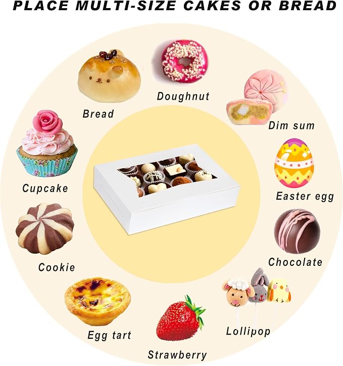 Yeplan 10-Pack Bakery Boxes with Window, 12x8x2.5 Inch Cookie Boxes, White Treat Boxes for Donuts, Muffins, Pies, Chocolates - Dessert Packaging for Baked Goods