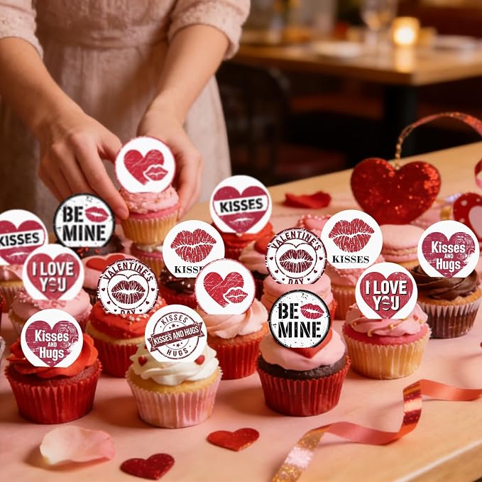 36PCS Edible Be Mine Cupcake Toppers Wafer Paper Kisses and Hugs Cupcake Picks Heart Lips Print Cake Decor for Valentine's Day Theme Wedding Engagement Party Supplies