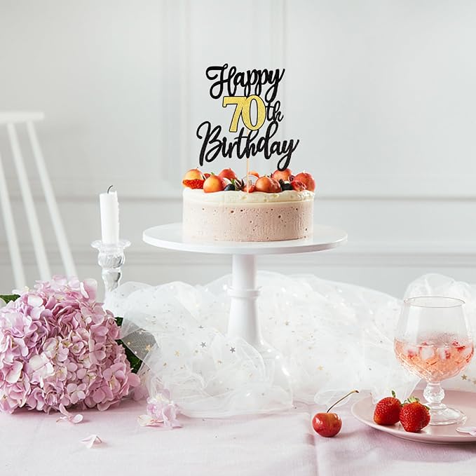 1 PCS Happy 70th Birthday Cake Topper Black Gold Glitter Cheers to 70 Years Birthday Cake Pick 70 Fabulous Cake Decoration for Happy 70th Birthday Anniversary Party Decorations Supplies