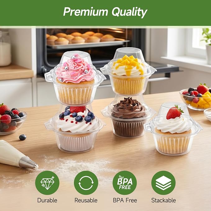 Dealusy 60 Pack Individual Cupcake Containers with Airtight Dome Lids, Clear Plastic Single Cupcake Boxes, Stackable Disposable Muffin Holders for Baking, Parties, Weddings & Picnics