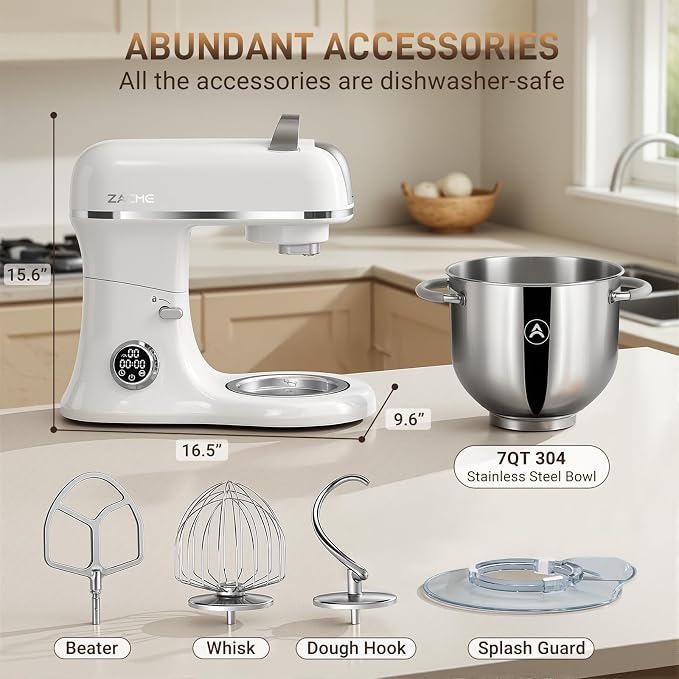 ZACME 7 Quart Stand Mixer Aluminum Die Casting, 650W 12 Speed Tilt-Head Kitchen Electric Stand Mixer, Household Food Mixer with Stainless Steel Bowl, Dough Hook, Whisk and Beater-Porcelain
