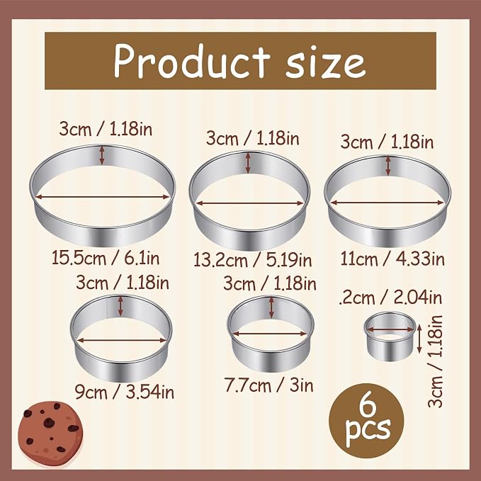 Cookie Shaper 6 Inch Cake Cutter Round 6 PCS Circle Cookie-Cutter Set Stainless Steel Biscuit Cutters for Baking Round Cookie Cutters for Cookies and Donuts (2, 3, 3.5, 4, 5, 6Inch)