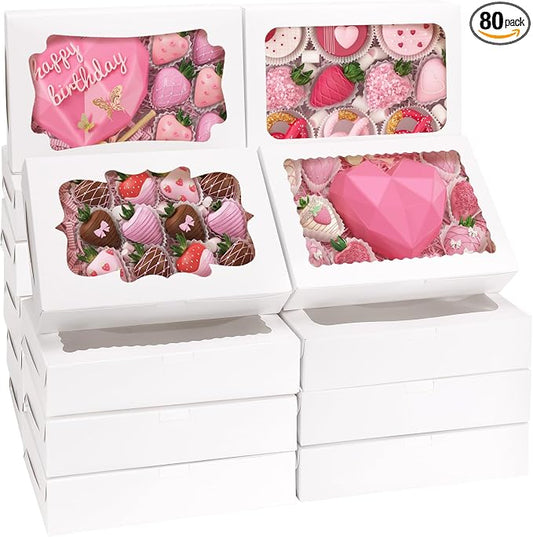 TOMNK 80pcs Cookie Boxes with Window, 12x8x2.5 Inches 4 Style Bakery Boxes, Large White Treat Containers for Chocolate Strawberries, Cakes, Donuts, Muffins and Pastries