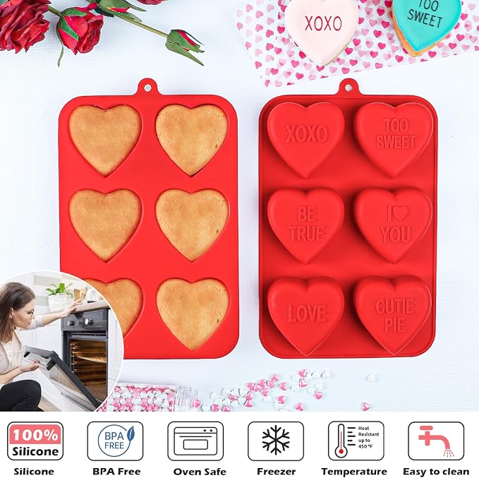 Webake Large Conversation Heart Mold for Baking, Heart Silicone Cake Molds 6-Cavity Heart Shaped Cake Pans,2 Packs