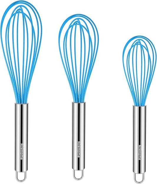 NileHome Whisk Commercial Stainless Steel wisk & Silicone Non-Stick Coated Small Whisk Set 8" 10" 12" Kitchen Wisk Wire Whisks for Cooking 3 Pack, Bule