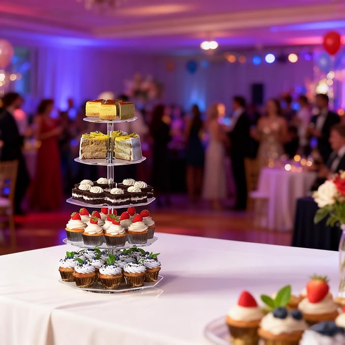 5-Tier Rotating Cupcake Stand, Clear Acrylic 360° Spinning Dessert Display Tower for Cakes & Pastries, Serving Stand for Weddings, Birthdays, Parties-Polygon