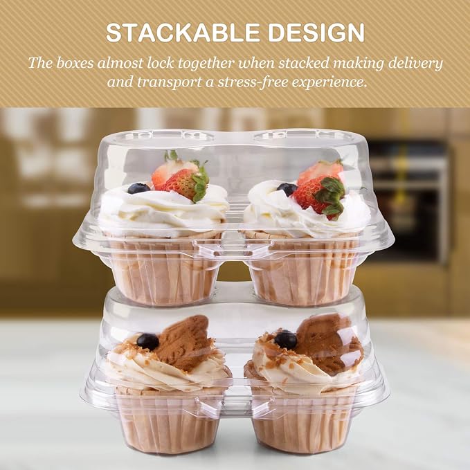 2 Cavity Cupcake Boxes-Stackable Regular Cupcake Carrier Holder, Thicker Clear Cupcake Boxes, Non-slip High Topping Cupcake Containers for Cupcakes, Muffins (50)