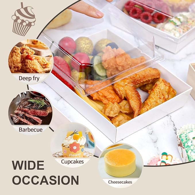 7x5 Inches Charcuterie Boxes with Clear Lids, 50 Pack Disposable Take Out Food Containers, Large Paper Bakery Cake Boxes for Strawberries, Cookies Cupcakes (White)