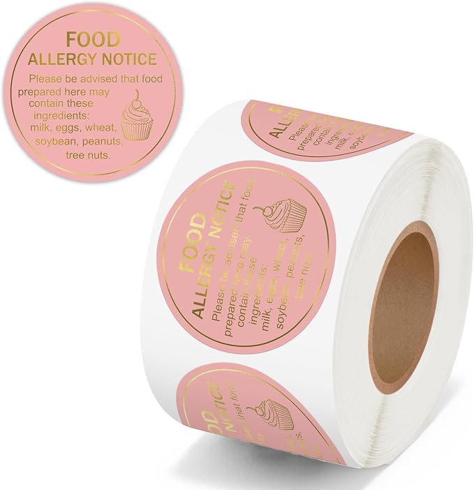 PANTIDE Food Allergy Notice Stickers - 500 Count Allergen Warning Label Gold Foil Adhesive Round Decal Roll, Food Alert Safety for Restaurant Home Kitchen Bakery Cake Shop (2 x 2 Inch, Pink)