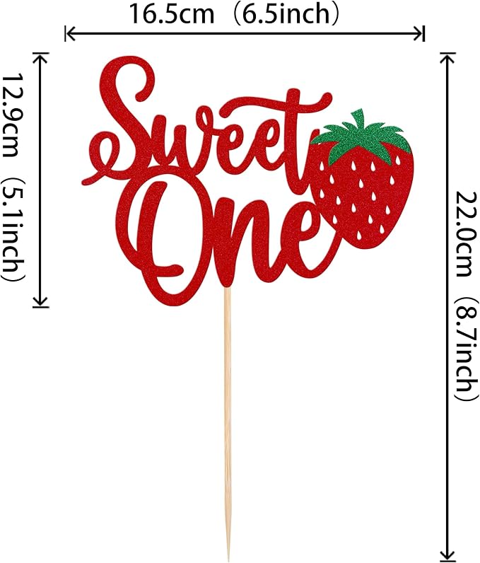 1 Pack Sweet One Cake Topper Glitter First Birthday Strawberry Cake Pick for Fruit Baby Shower 1st Birthday Berry Sweet Cake Decoration For Birthday Party Supplies Red