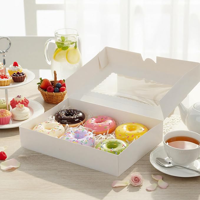 Moretoes 48pcs Auto-Popup Treat Boxes, 12x8x2.5 Inches Cookie Boxes with 3 Style Window, for Chocolate Covered Strawberries,Muffins, Donuts, Pastries (White)