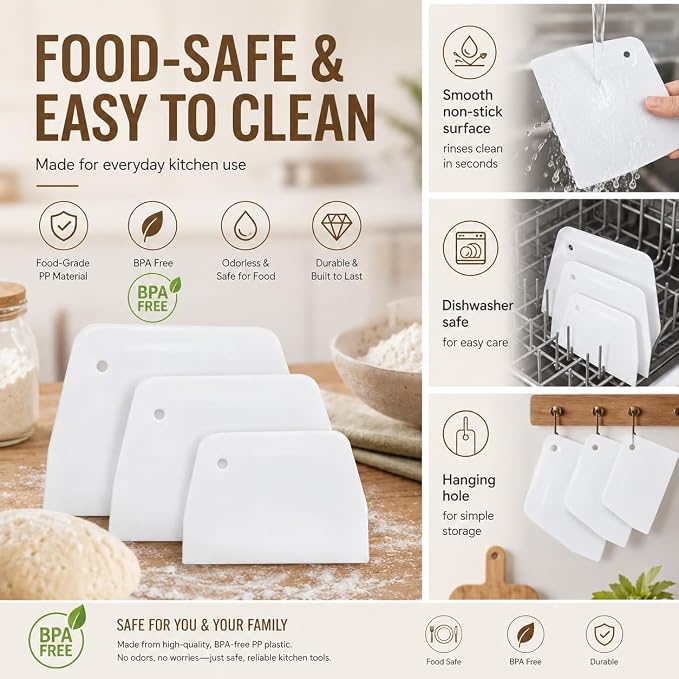 3 Piece Plastic Dough Scraper, Food Grade Trapezoidal Bread Scraper Bowl Scraper Set Multipurpose Kitchen Food Scraper for Bread Cake Fondant Icing Cream Pizza Making Size L M S