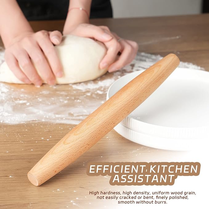 French Rolling Pin for Baking - Tuyotue 11.8 Inches Beech Wood Tapered Rolling Pin Dough Roller for Pizza Dough, Pie Crust Cookie Fondant Dumpling
