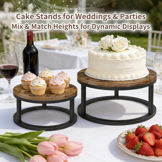 Cake Stand Set, 2 Packs Round Cupcake Stand Cake Pedestal Stand (10"/12" Plate) Industrial Rustic Wood Rustic Dessert Table Display Stand Set Serving Tray for Party, Wedding, Birthday, Baby Shower