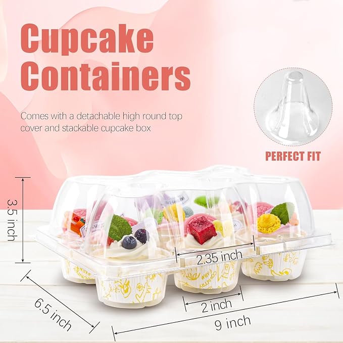 NPLUX 6 Count Cupcake Containers 30 Pack Cupcake Holders Clear Plastic Stackable Cupcake Boxes with Detachable Tall Dome Lids for 180 Cupcakes, BPA Free, Standard Size