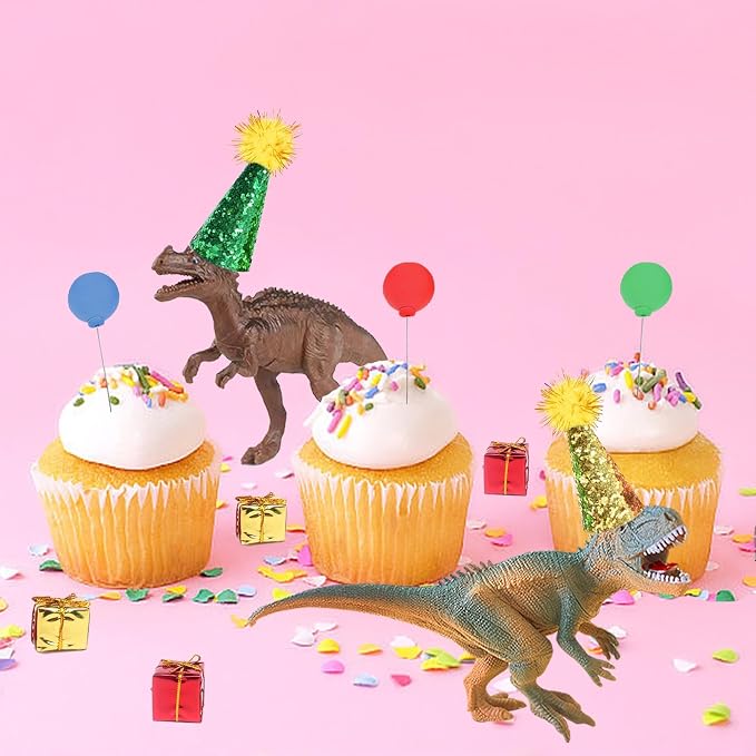 Dinosaur Cake Toppers with Mini Birthday Party Hat Color Balls Cake Decorations for Dinosaur Themed Baby Shower Birthday Party Supplies (Dinosaur)